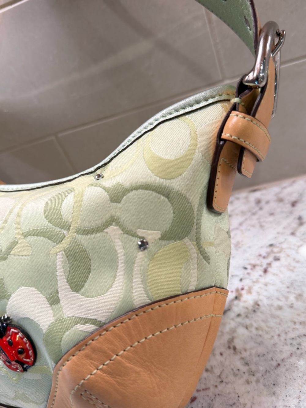 Vintage Coach Light Green Signature Hobo with Tan Trim and Ladybug Accents - Picture 7 of 16